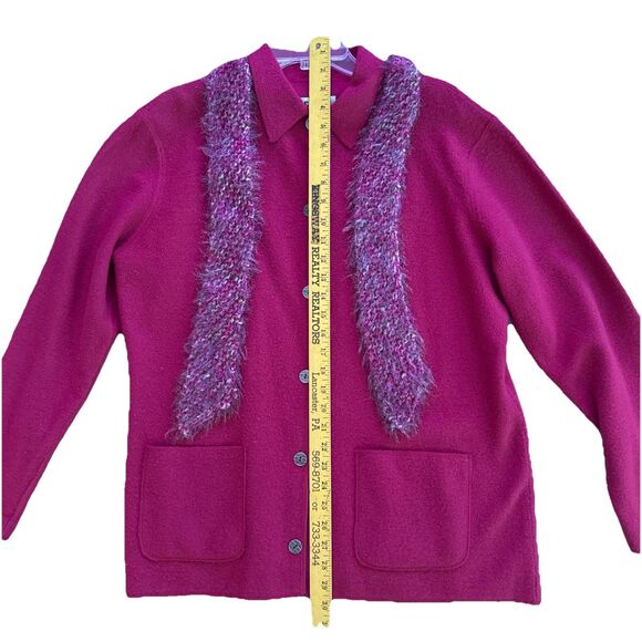 Chicos Boiled Wool Cardigan Jacket Womens 2 L Magenta Button Up w/Eyelash Scarf - Picture 11 of 14